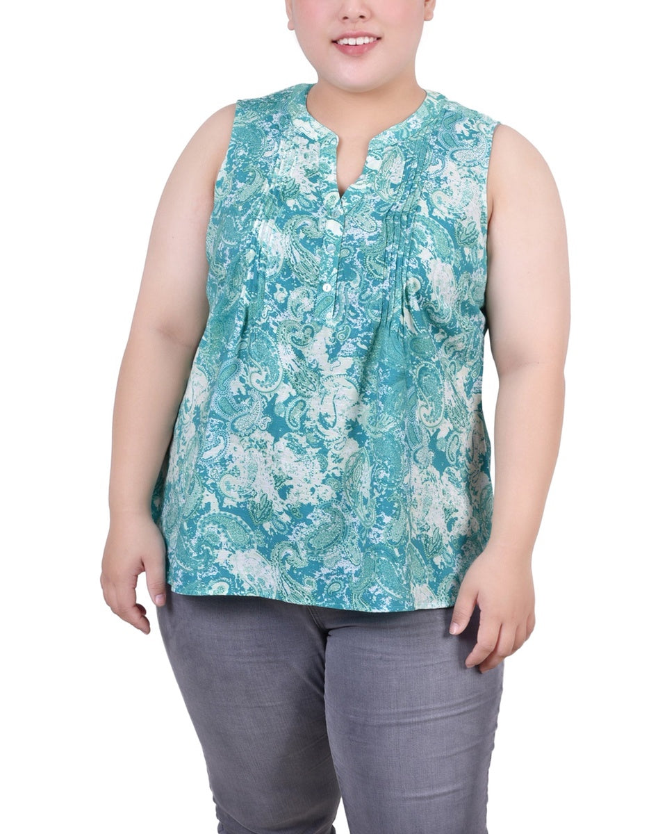  NY Collection Plus Size Sleeveless Jacquard Y Neck Top - Fuschia Swirlbreeze - Bonton