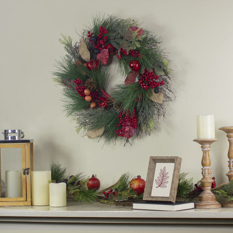 24" Autumn Harvest Pine  Berry and Pomegranate Wreath - Unlit
