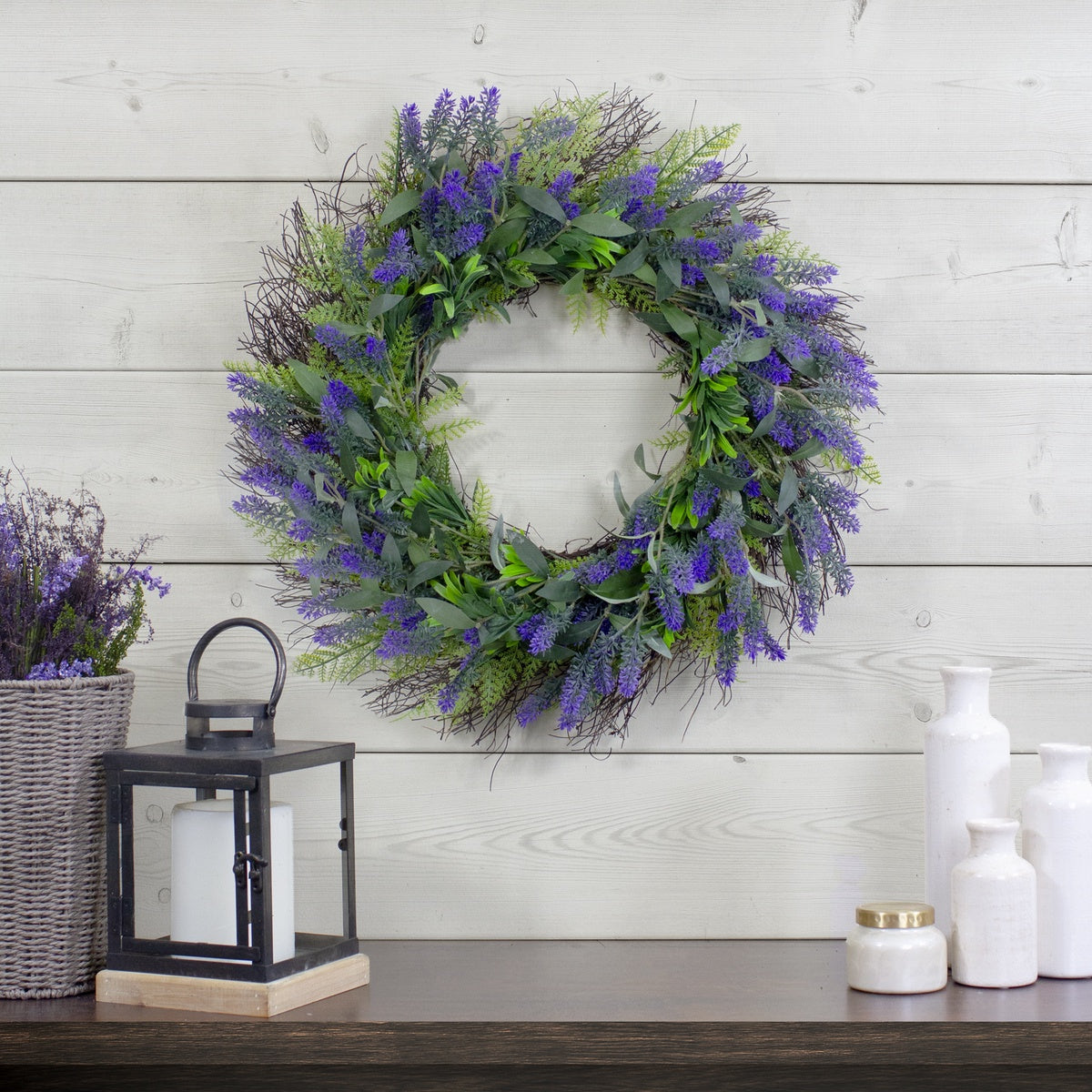  Northlight Lavender and Spring Foliage Artificial Floral Wreath  Purple - 24-Inch - Default Title - Bonton