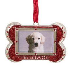 European Crystals "Best Dog" Bone Christmas Ornament- 3" - Red and Silver Finish