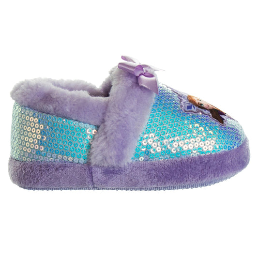 Disney Frozen Girls Slippers - Elsa and Anna Plush Lightweight Warm Comfort Soft Aline House Shoes - Purple (Sizes 5-12 Toddler)