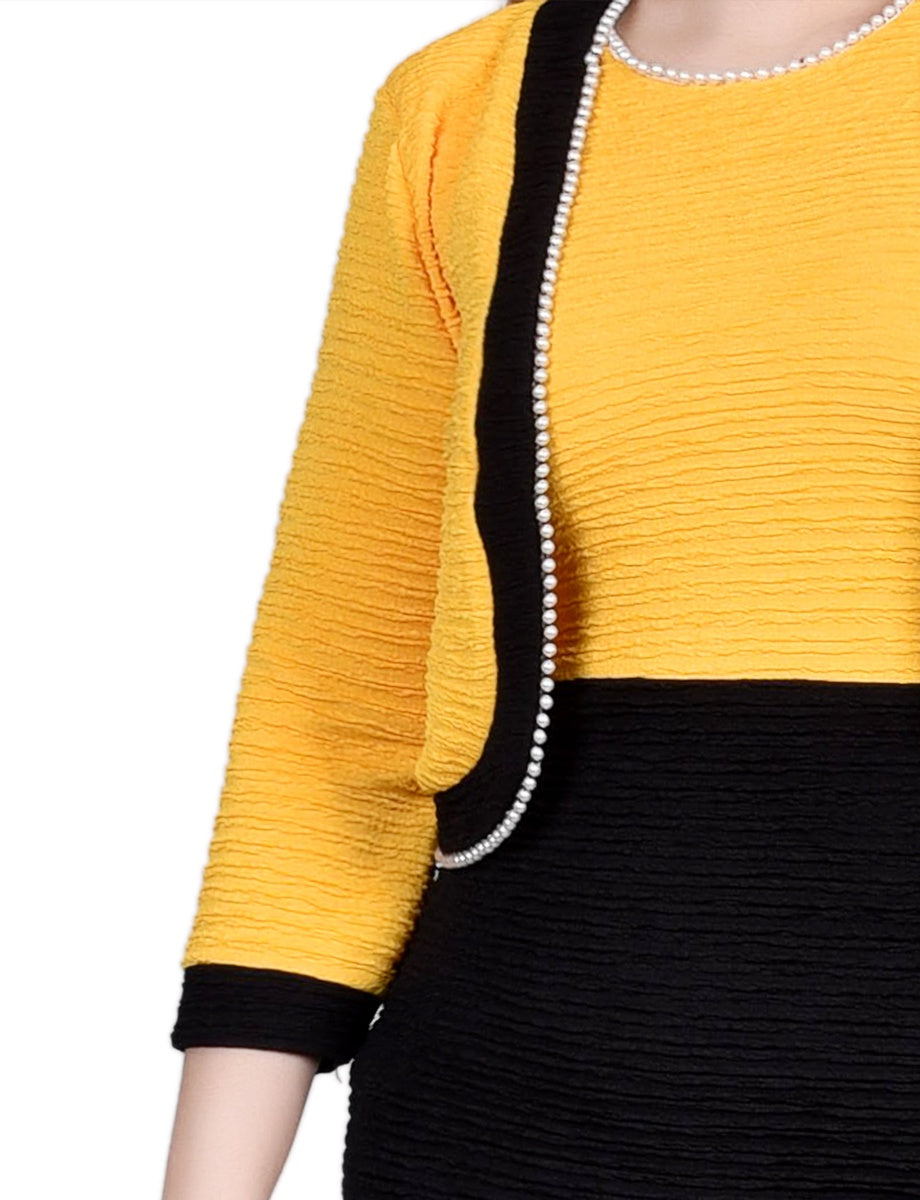  NY Collection Petite 3/4 Sleeve Textured Knit 2 Piece Dress Set - Black Lemon - Bonton