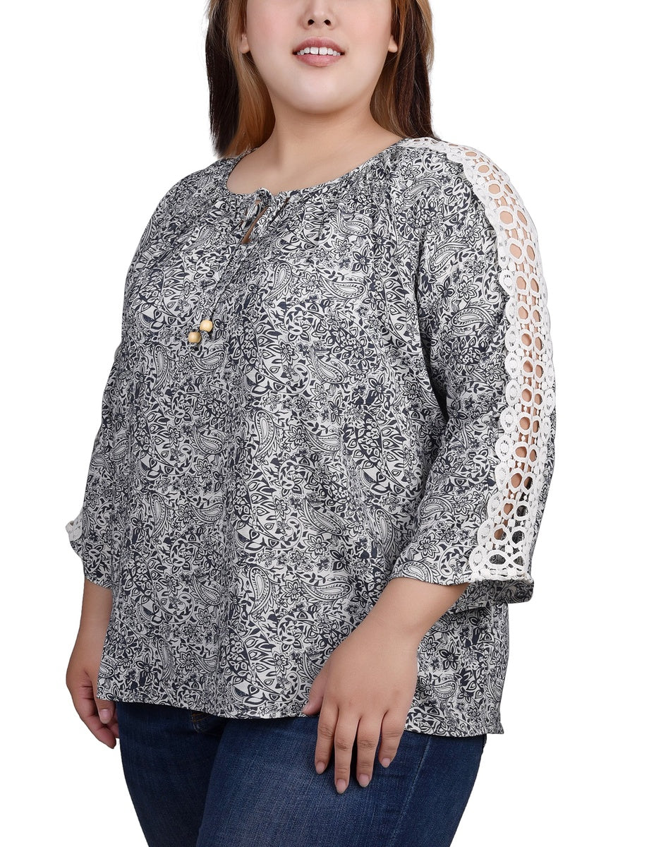  NY Collection Plus Size 3/4 Sleeve Crochet Detail Blouse - Black - Bonton