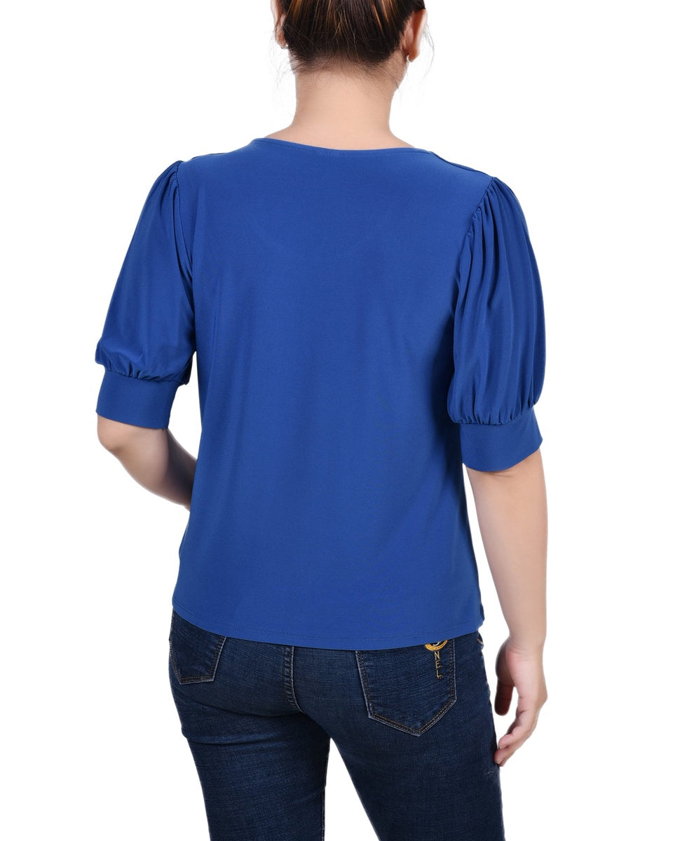  NY Collection Short Sleeve Balloon Sleeve Top With Hardware - Samoan Sun - Bonton