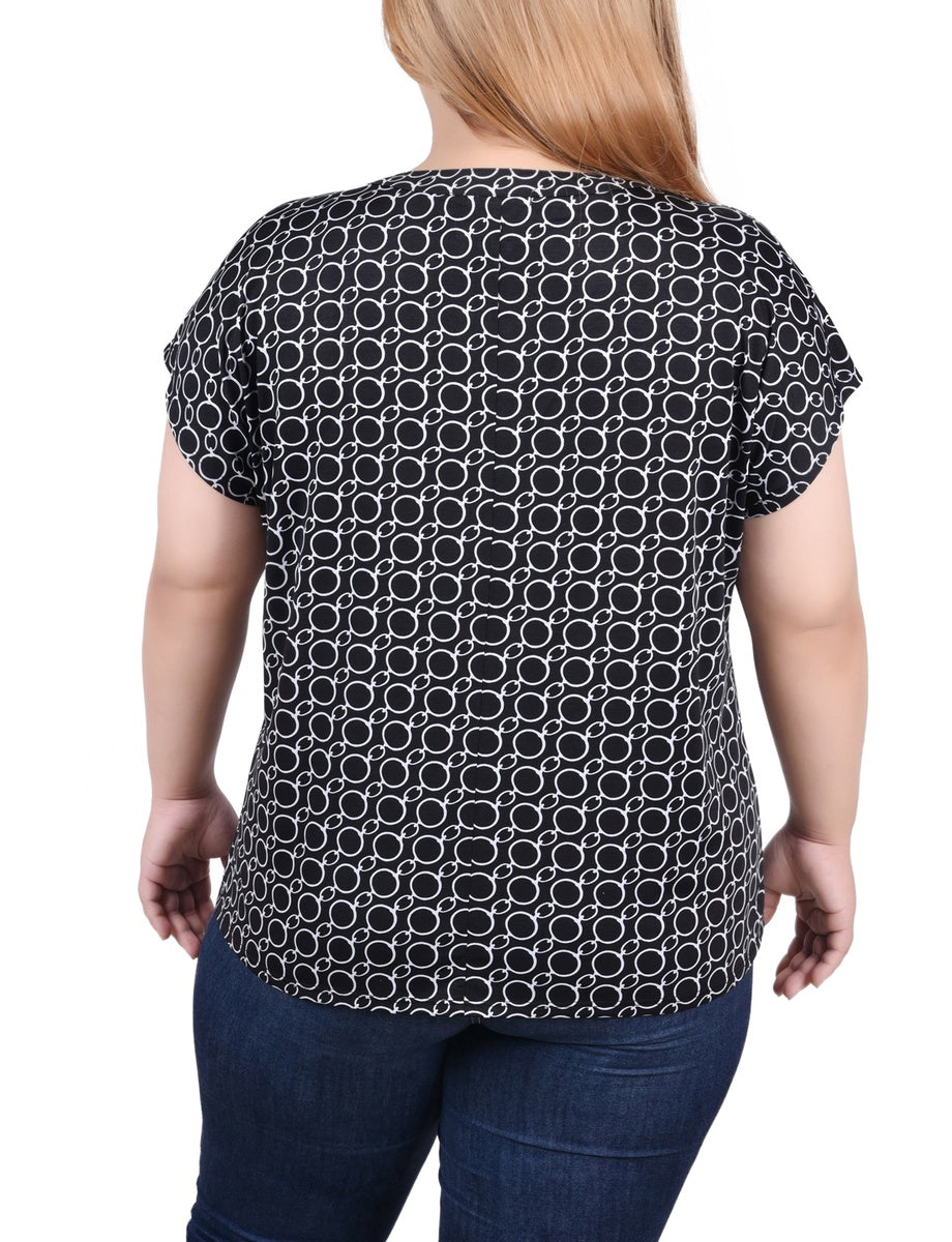  NY Collection Plus Size Extended Sleeve Top With Grommets - Black Blue Taupe Abstract - Bonton