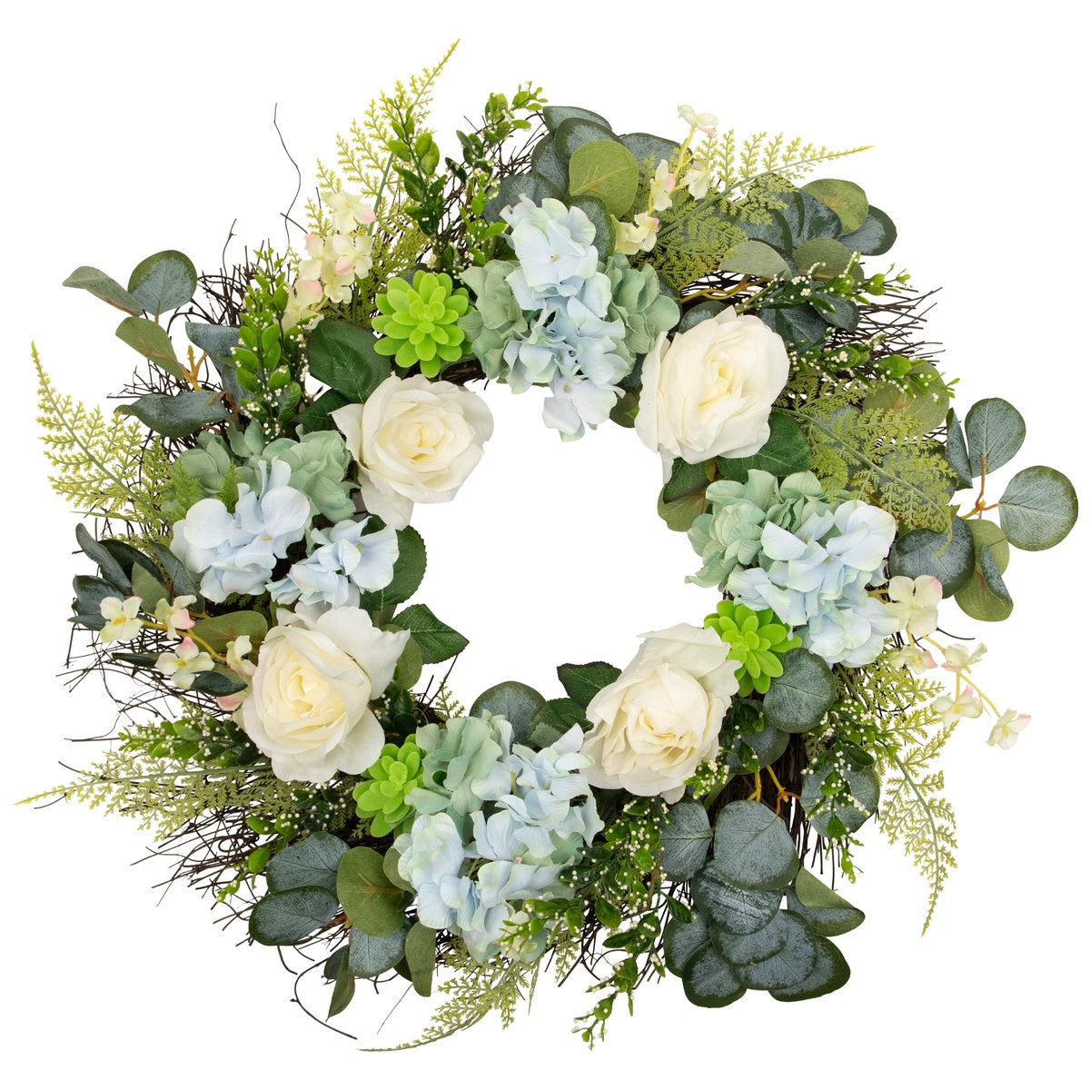  Northlight Hydrangea  Rose and Geranium Artificial Floral Spring Wreath  White and Blue - 24-Inch - Default Title - Bonton