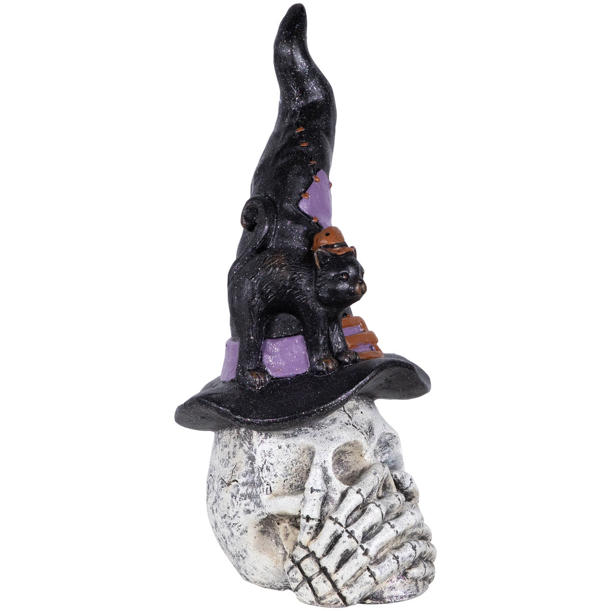  Northlight Skull and Skeleton Hands in Witch Hat With Cat Halloween Decoration - 22.75