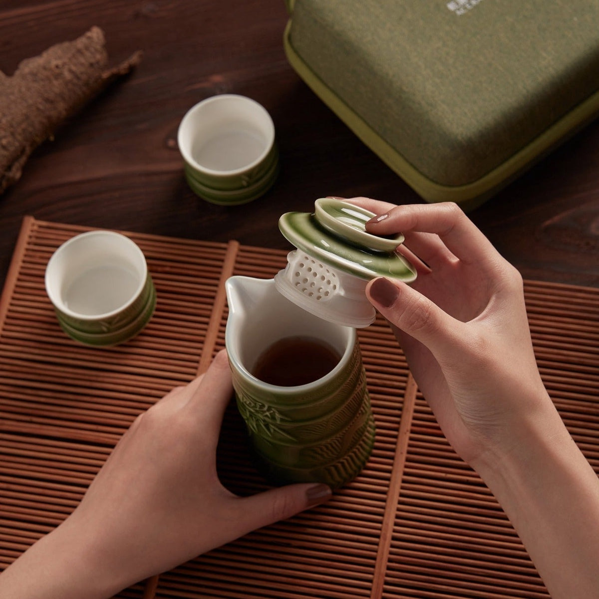  Acera Bamboo Kung Fu Tea Set ( 1 Pot With 2 Cups ) - Mint Green with carrying case - Bonton