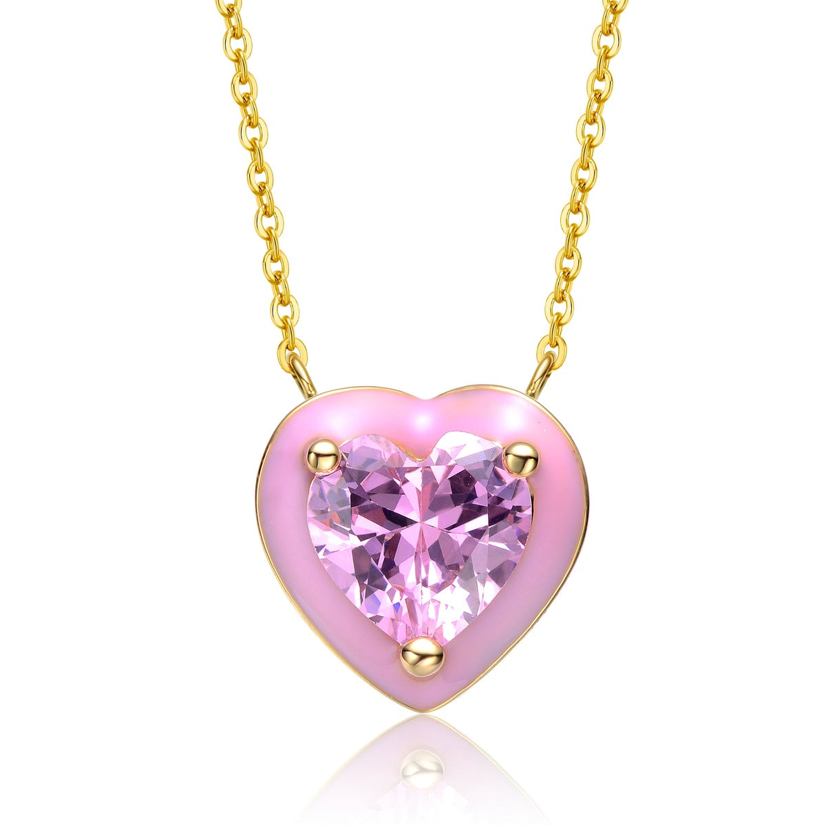  Rachel Glauber Young Adults/Teens 14k Yellow Gold Plated With Pink Cubic Zirconia Pink Enamel Heart Dainty Pendant Layering Necklace - Pink - Bonton