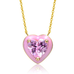 Young Adults/Teens 14k Yellow Gold Plated With Pink Cubic Zirconia Pink Enamel Heart Dainty Pendant Layering Necklace