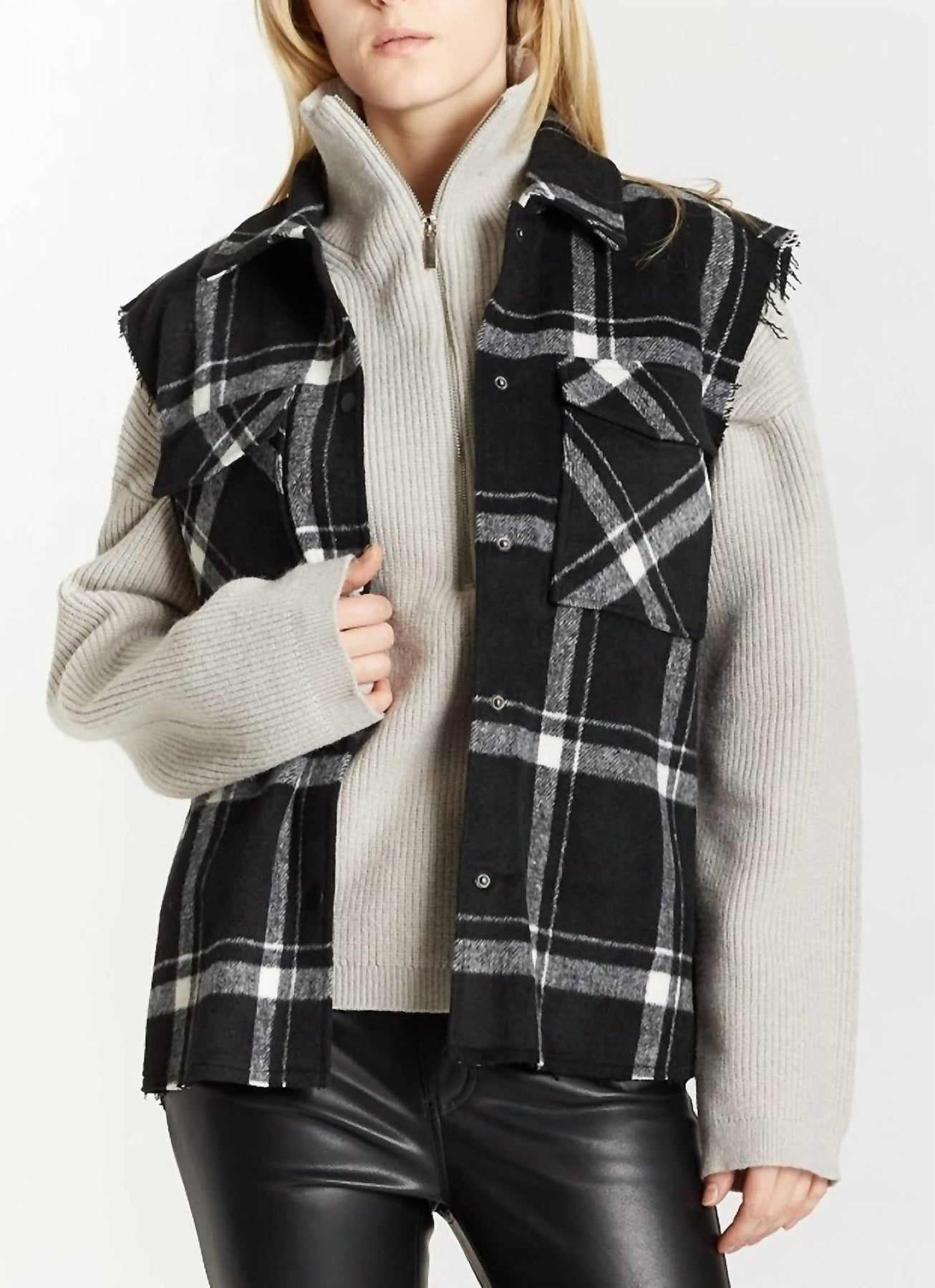  Plaid Hunter Vest with Frayed Sleeves - Black/White Plaid - Bonton