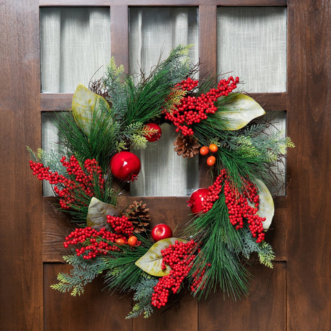 24" Autumn Harvest Pine  Berry and Pomegranate Wreath - Unlit