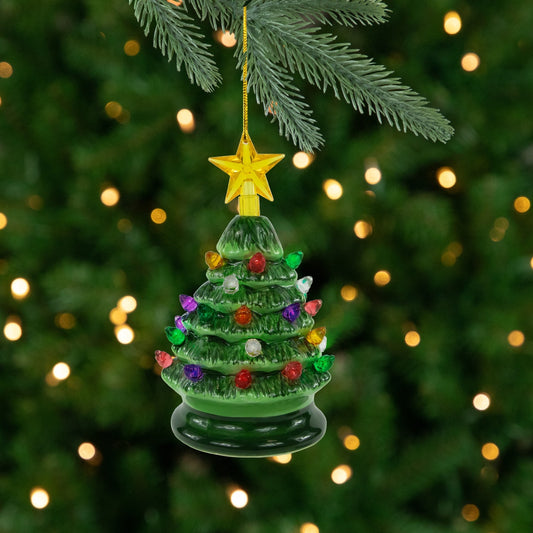 5" Green Battery-Operated LED Retro Ceramic Christmas Tree Ornament