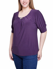 Short Sleeve Balloon Sleeve Top With Hardware