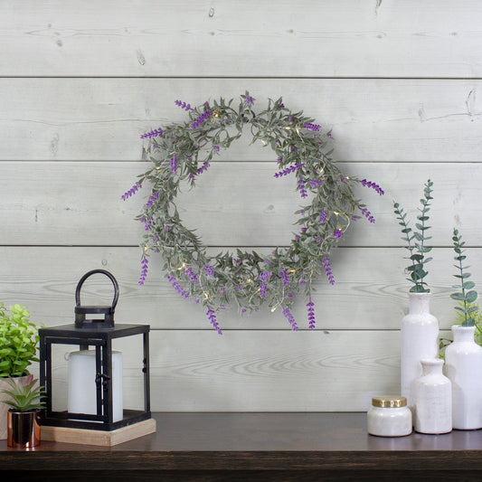 Pre-Lit Lavender Spring Wreath - Battery Operated - 16" - White LED Lights