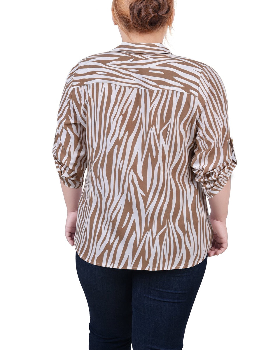  NY Collection Plus Size 3/4 Roll Tab Sleeve Zip Front Top - Antique White Animal - Bonton