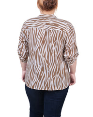 Plus Size 3/4 Roll Tab Sleeve Zip Front Top