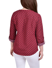 Petite 3/4 Sleeve Roll Tab Y Neck Blouse