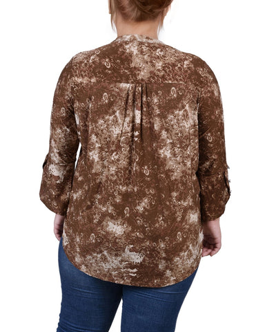 Plus Size 3/4 Sleeve Overlapped Bell Sleeve Y Neck Top