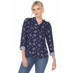 Women's Pleated Long Sleeve Leaf Print Blouse