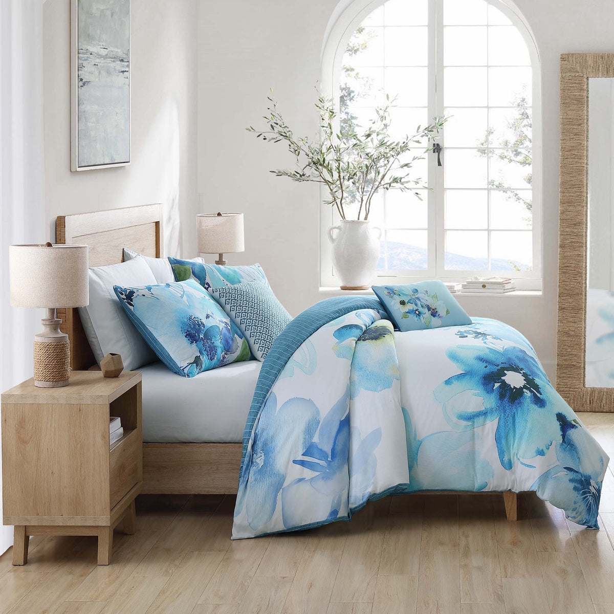  Bebejan Watercolor Blue 100% Cotton 5-Piece Reversible Comforter Set - QUEEN - Bonton