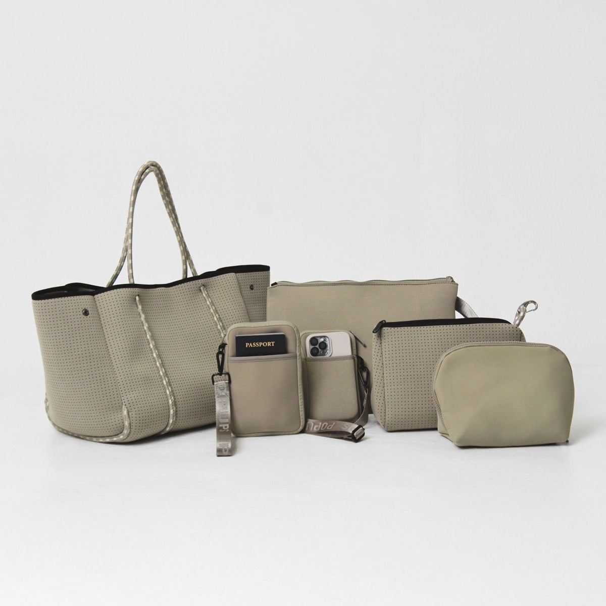  Pop Ups Brand Taupe Set: Everyday Tote + Oversized Wristlet Pouch + Essential Pouch + Makeup Pouch Set + Passport Wallet + Phone Bag - Default Title - Bonton