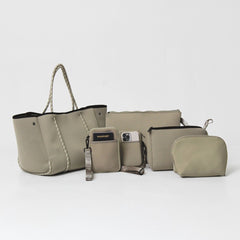 Taupe Set: Everyday Tote + Oversized Wristlet Pouch + Essential Pouch + Makeup Pouch Set + Passport Wallet + Phone Bag