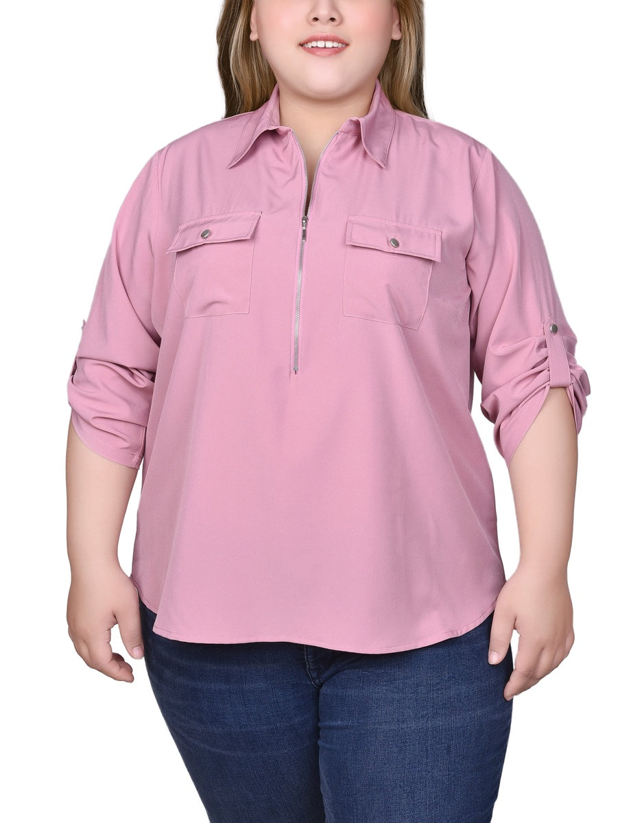  NY Collection Plus Size 3/4 Roll Tab Sleeve Zip Front Blouse - Lilas - Bonton