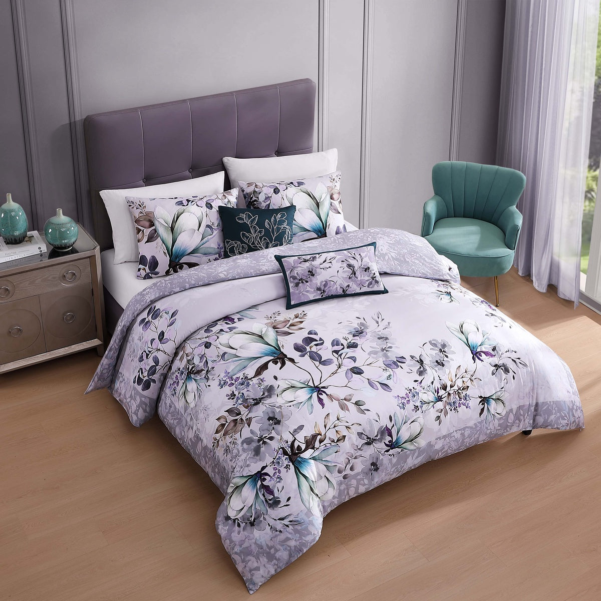  Bebejan Jewel Toned Florals 5 Piece Reversible Comforter Set - KING - Bonton