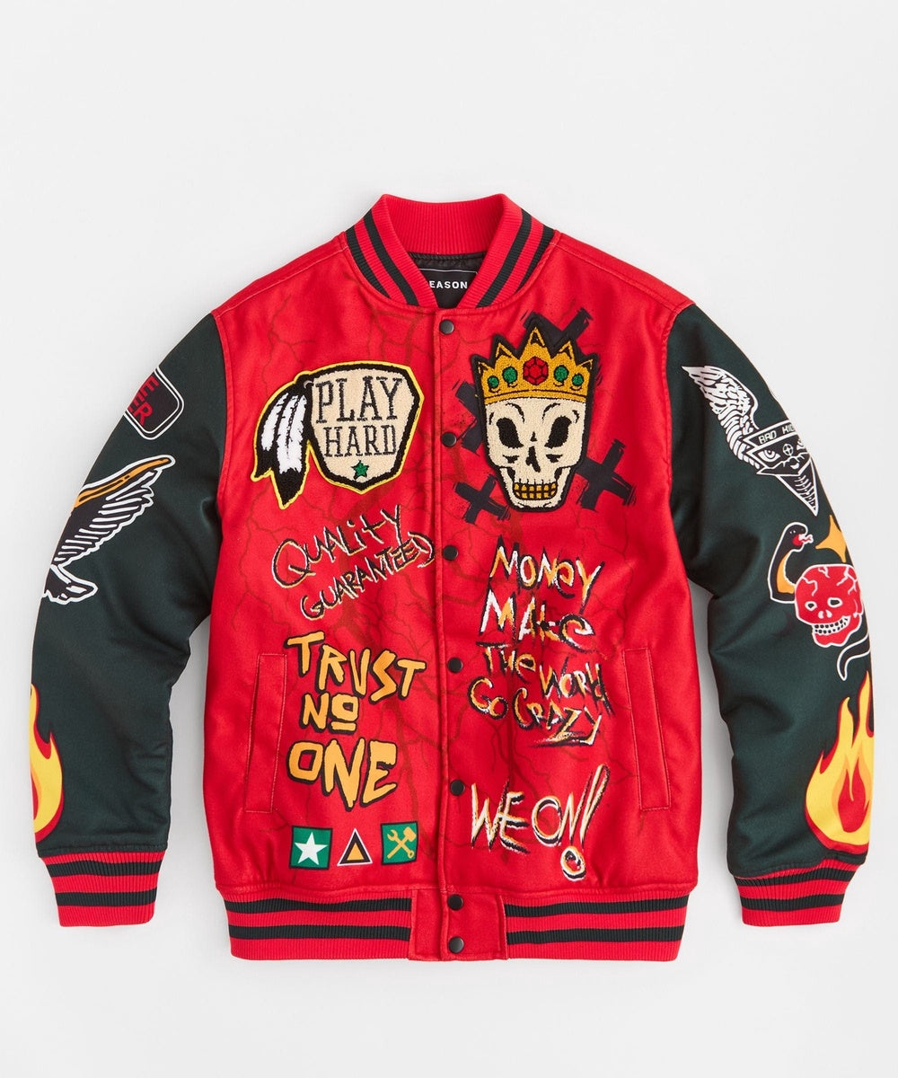  Reason Clothing Work Hard Chenille Patched Varsity Jacket - Red - RED - Bonton