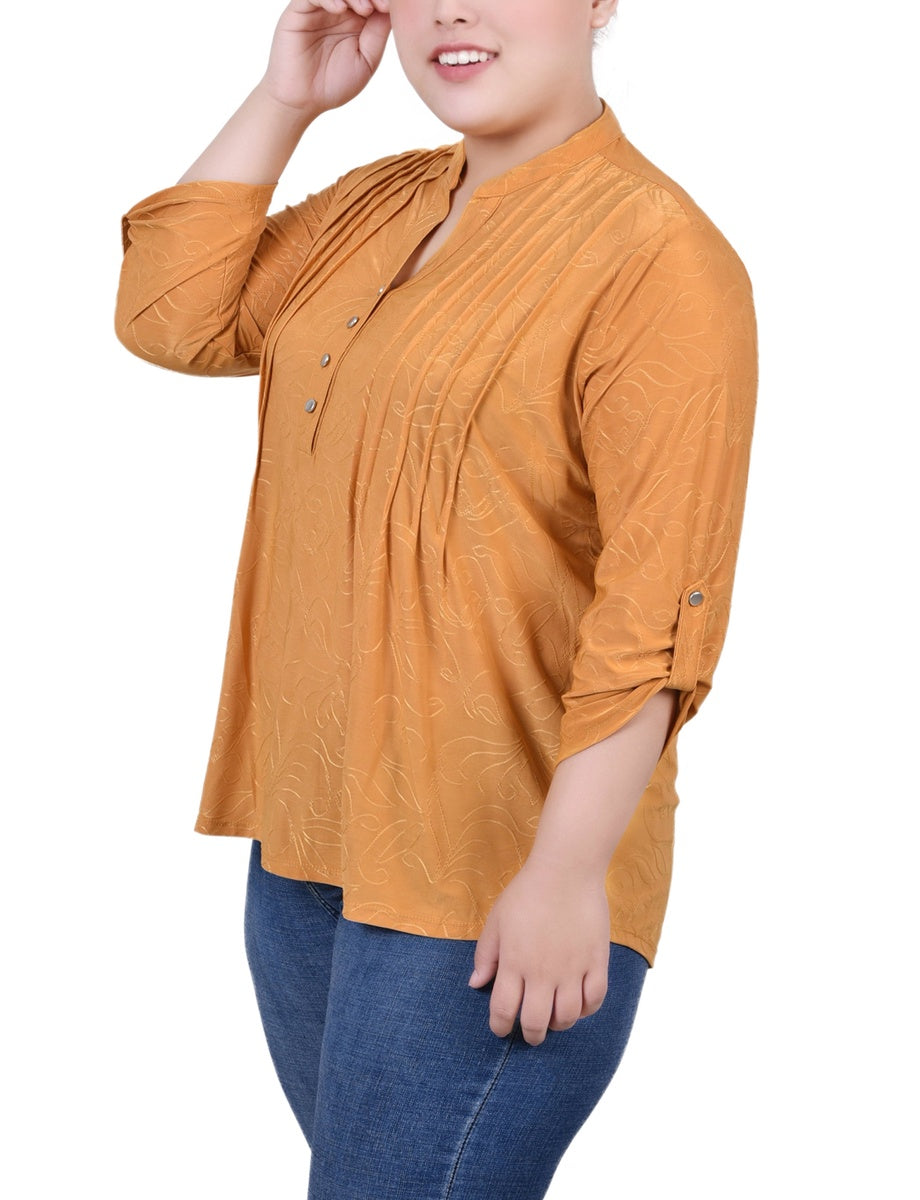  NY Collection Plus Size 3/4 Roll Tab Pullover Top - Inca Gold - Bonton