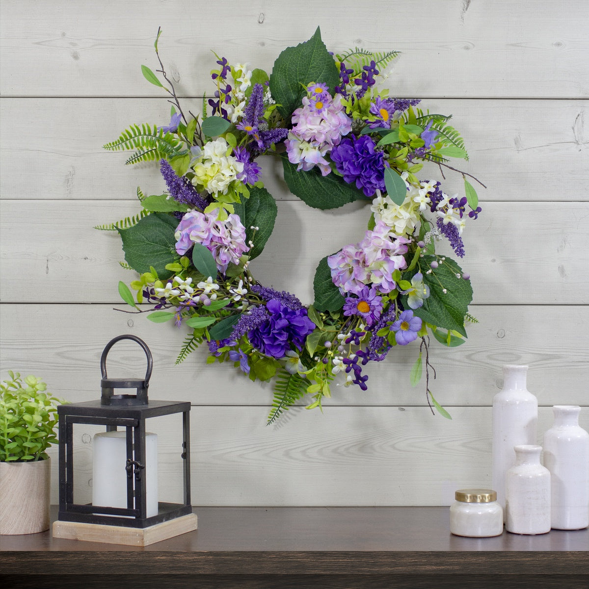  Northlight Hydrangea and Foliage Spring Floral Twig Wreath  Purple 26