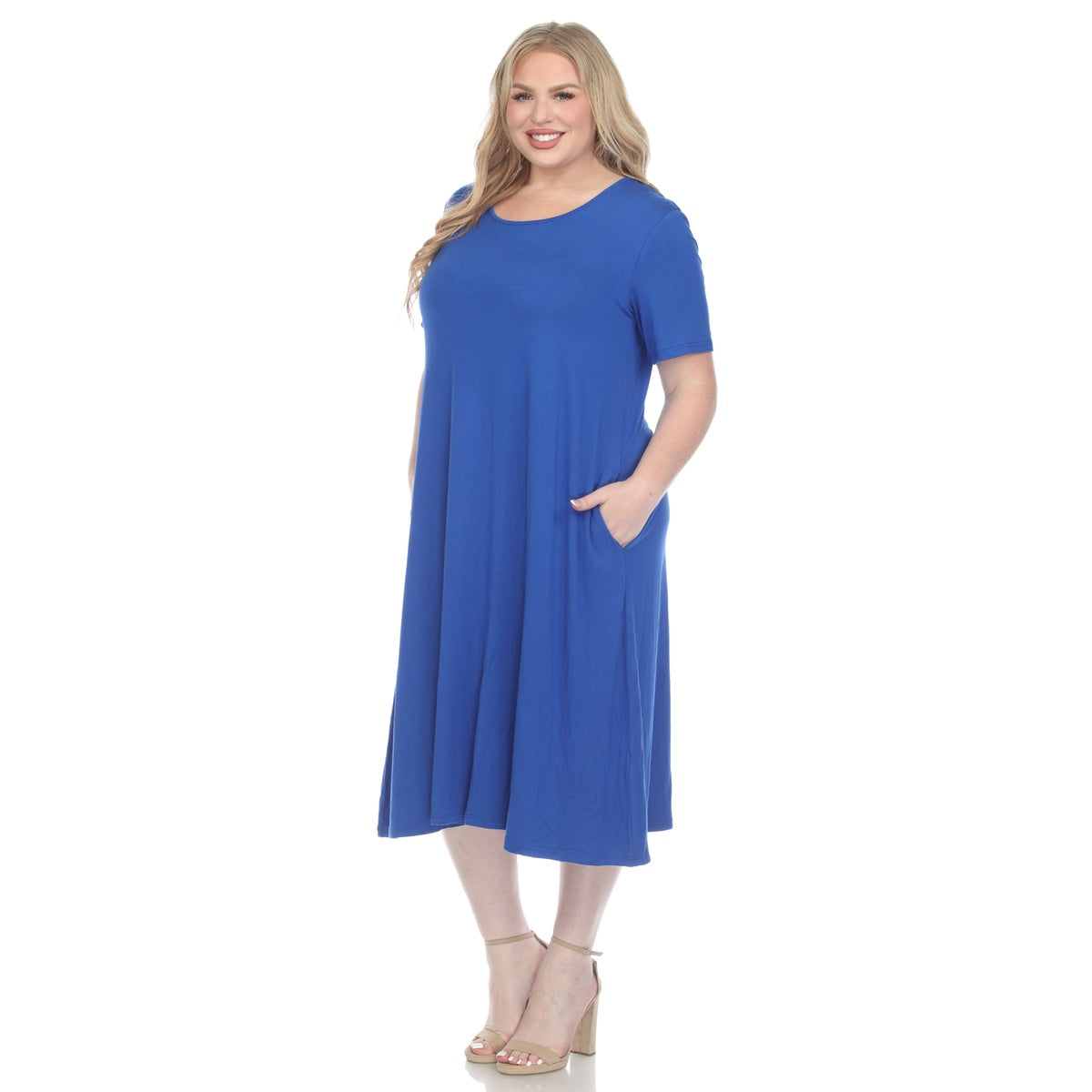  White Mark Plus Size Short Sleeve Pocket Swing Midi Dress - 3X - Bonton