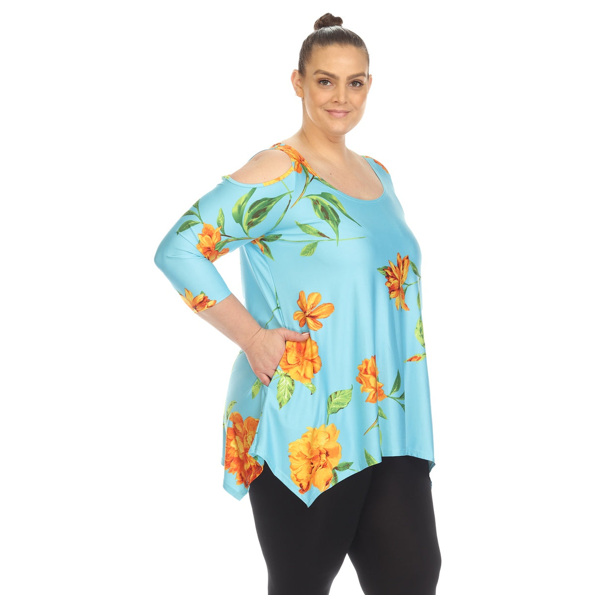  White Mark Plus Size Floral Printed Cold Shoulder Tunic - 1X - Bonton