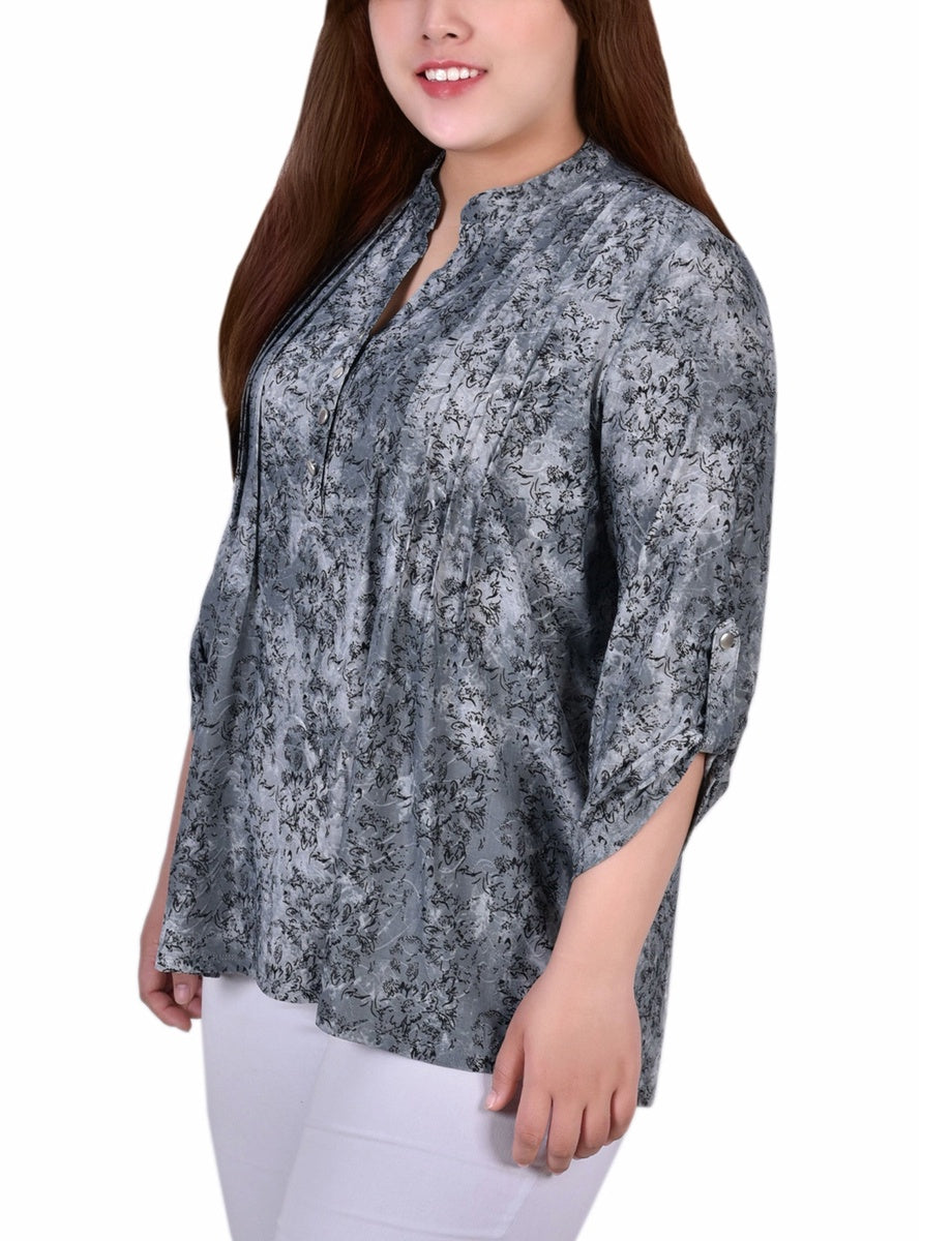  NY Collection Plus Size 3/4 Roll Tab Sleeve Y Neck Top - Grey Floral - Bonton