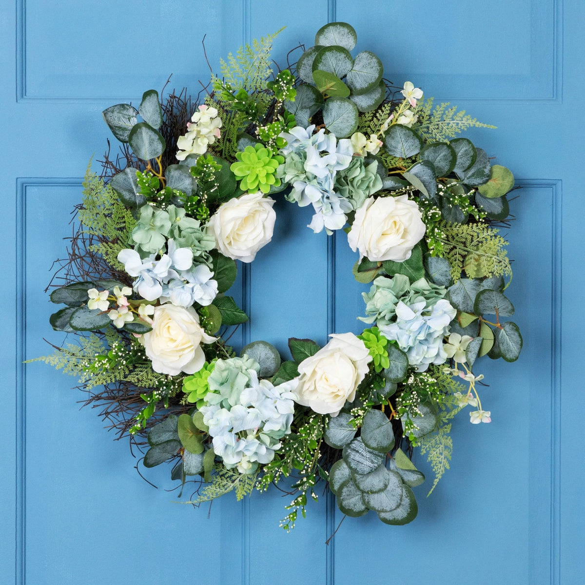  Northlight Hydrangea  Rose and Geranium Artificial Floral Spring Wreath  White and Blue - 24-Inch - Default Title - Bonton