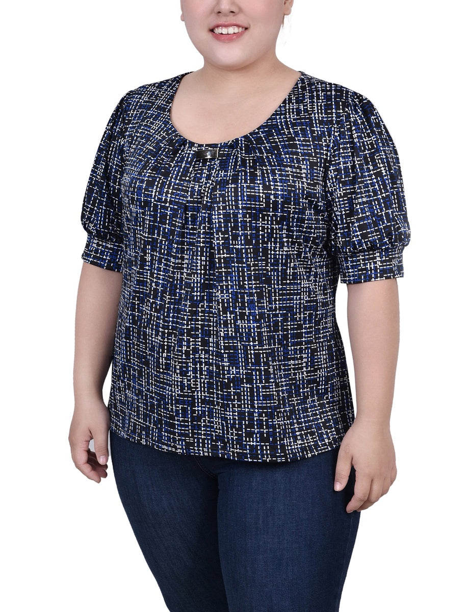  NY Collection Plus Size Short Sleeve Balloon Sleeve Top With Hardware - Black Taupe Zebra - Bonton