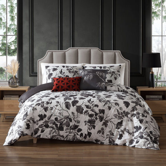 Grey Leaves 200 Thread Count 100% Cotton Sateen 5 Piece Reversible Comforter Set