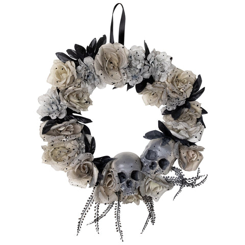 Double Skull and Gray Roses Halloween Wreath  16-Inch  Unlit