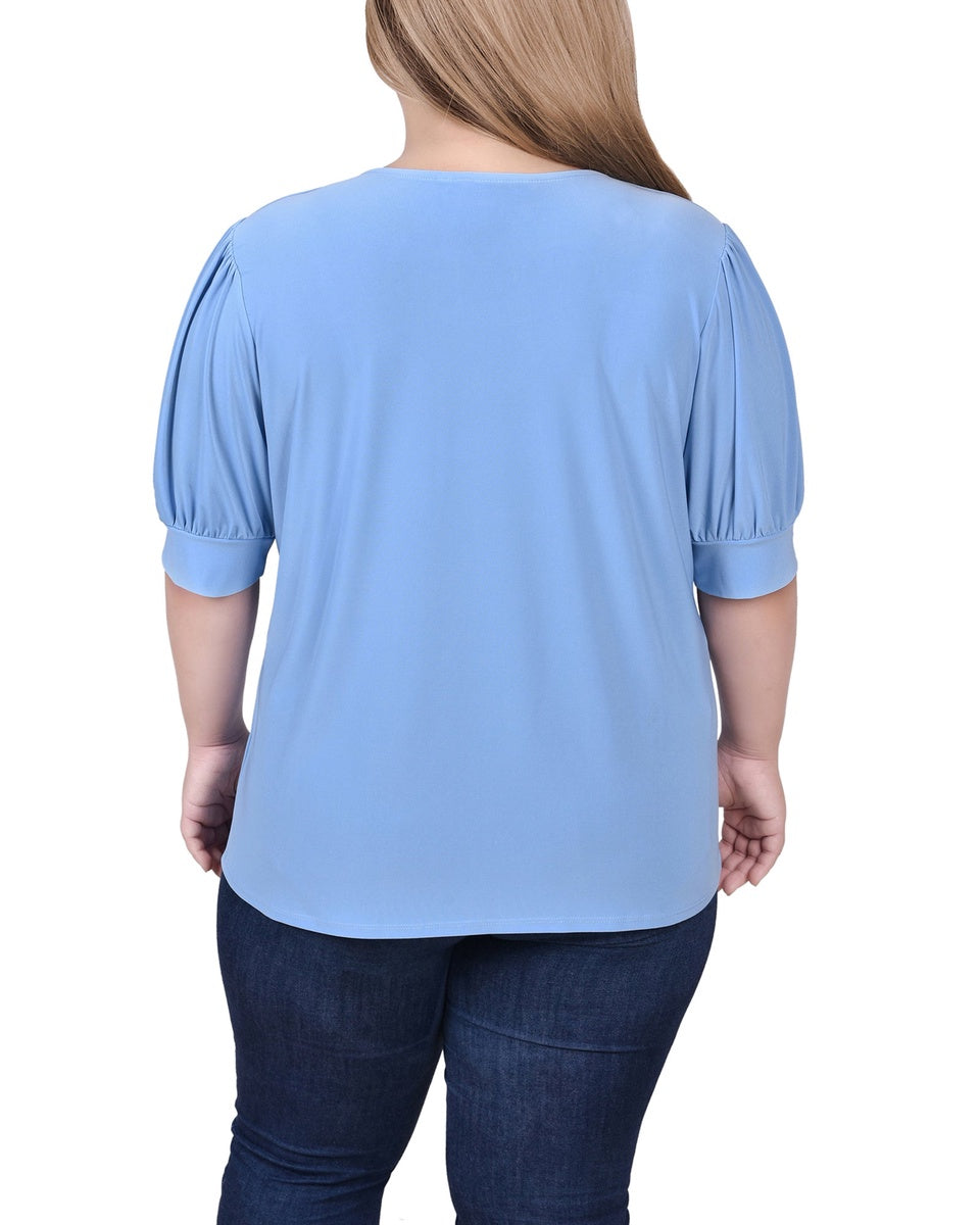  NY Collection Plus Size Short Sleeve Balloon Sleeve Top With Hardware - Bittersweet - Bonton