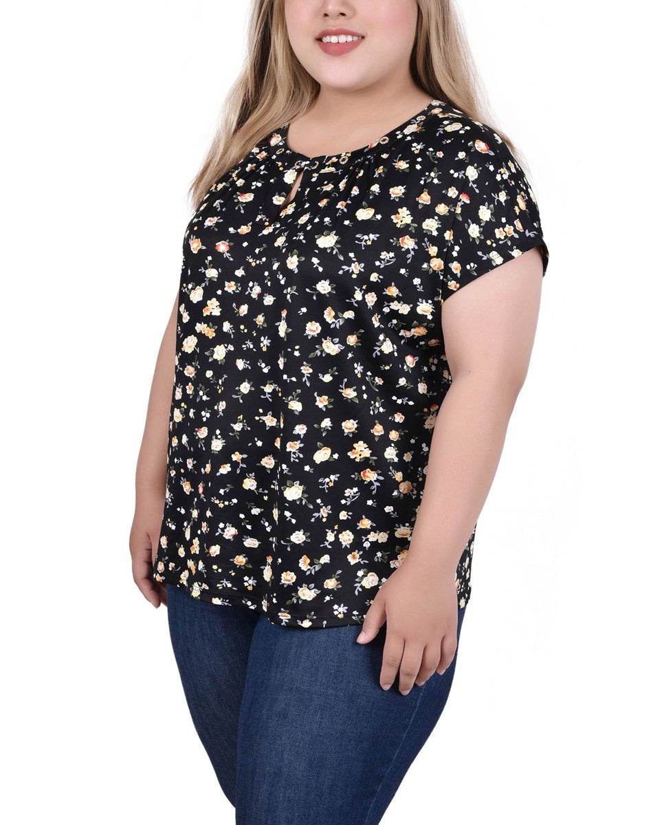  NY Collection Plus Size Extended Sleeve Top With Grommets - Black Blue Taupe Abstract - Bonton