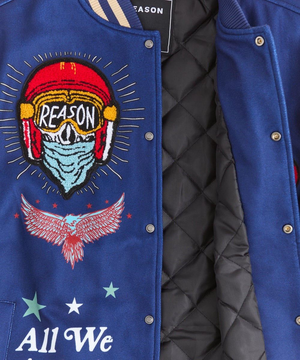  Reason Clothing Born Free Chenille Patched Varsity Jacket - Navy - NAVY - Bonton