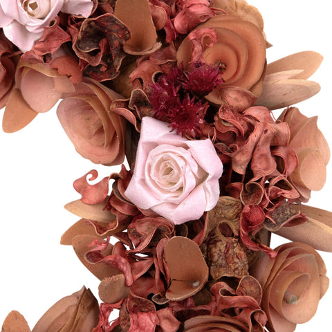 Roses and Wooden Flowers Artificial Spring Wreath - 12" - Unlit - Pink