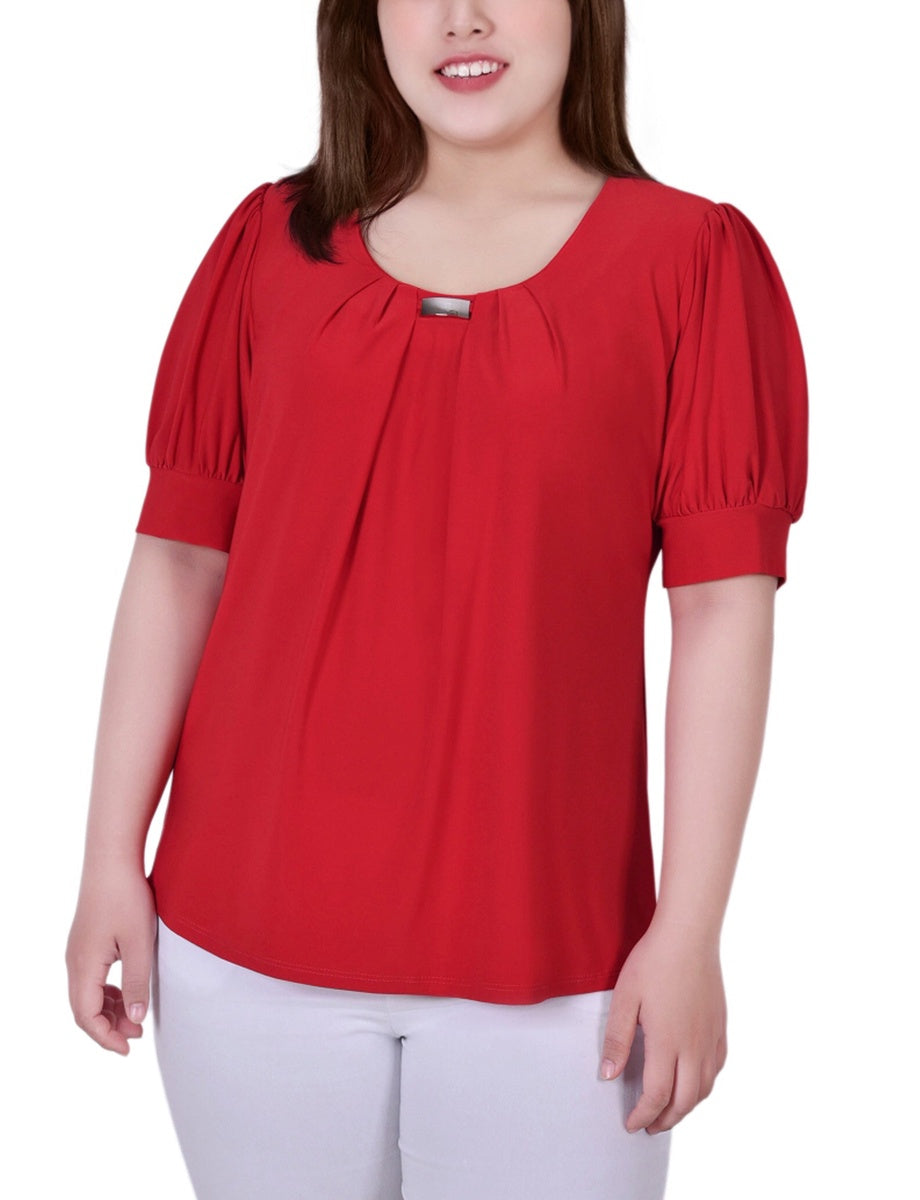  NY Collection Plus Size Short Sleeve Balloon Sleeve Top With Hardware - Bittersweet - Bonton