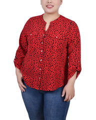 Plus Size 3/4 Roll Tab Sleeve Y-Neck Blouse