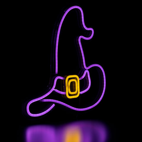 LED Lighted Neon Style Witch Hat Halloween Window Silhouette - 15" - Purple
