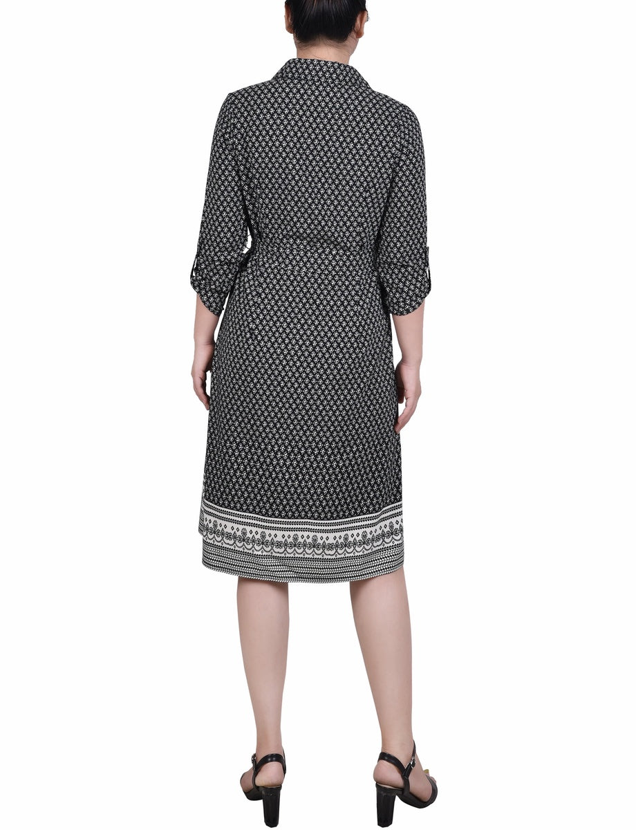 NY Collection 3/4 Roll Tab Sleeve Belted Shirtdress - Black Border - Bonton