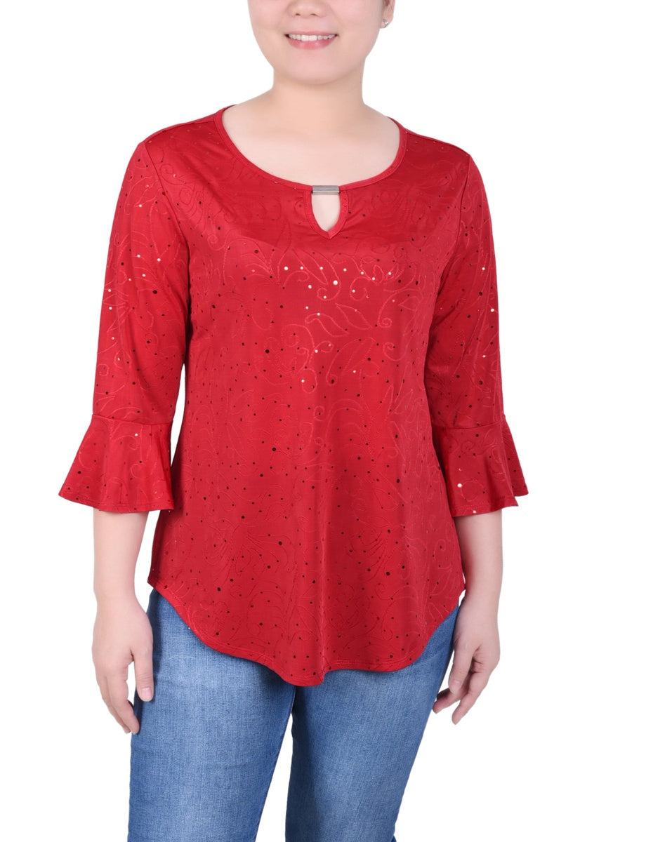  NY Collection Petite 3/4 Bell Sleeve Top With Hardware - Royal - Bonton