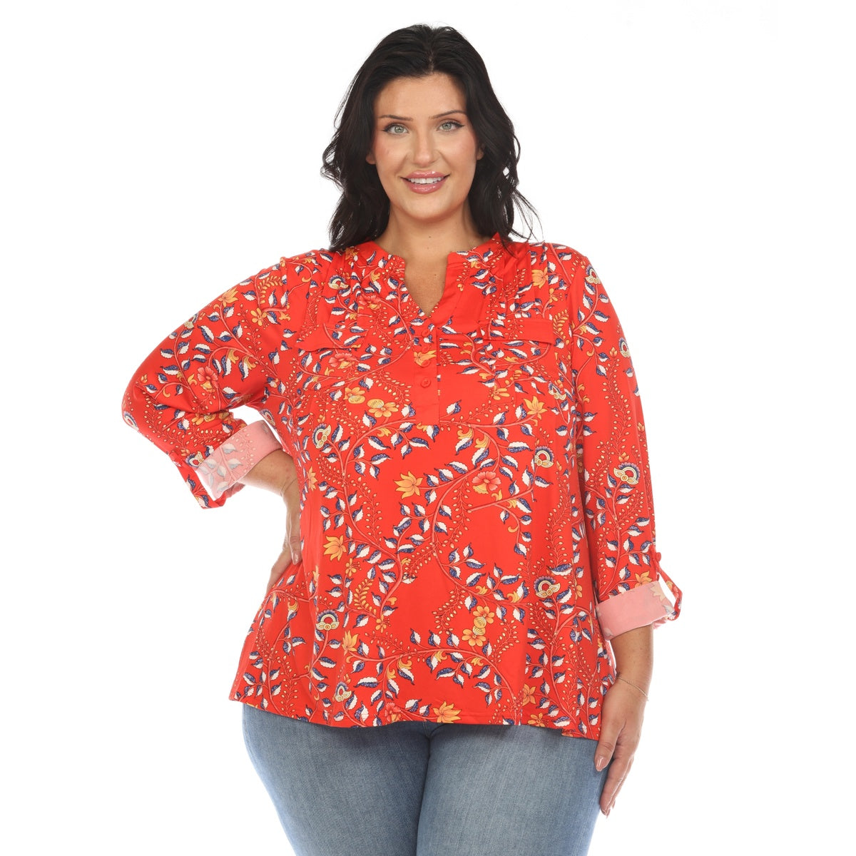  White Mark Plus Size Paisley Button Front Tunic Top - 1X - Bonton