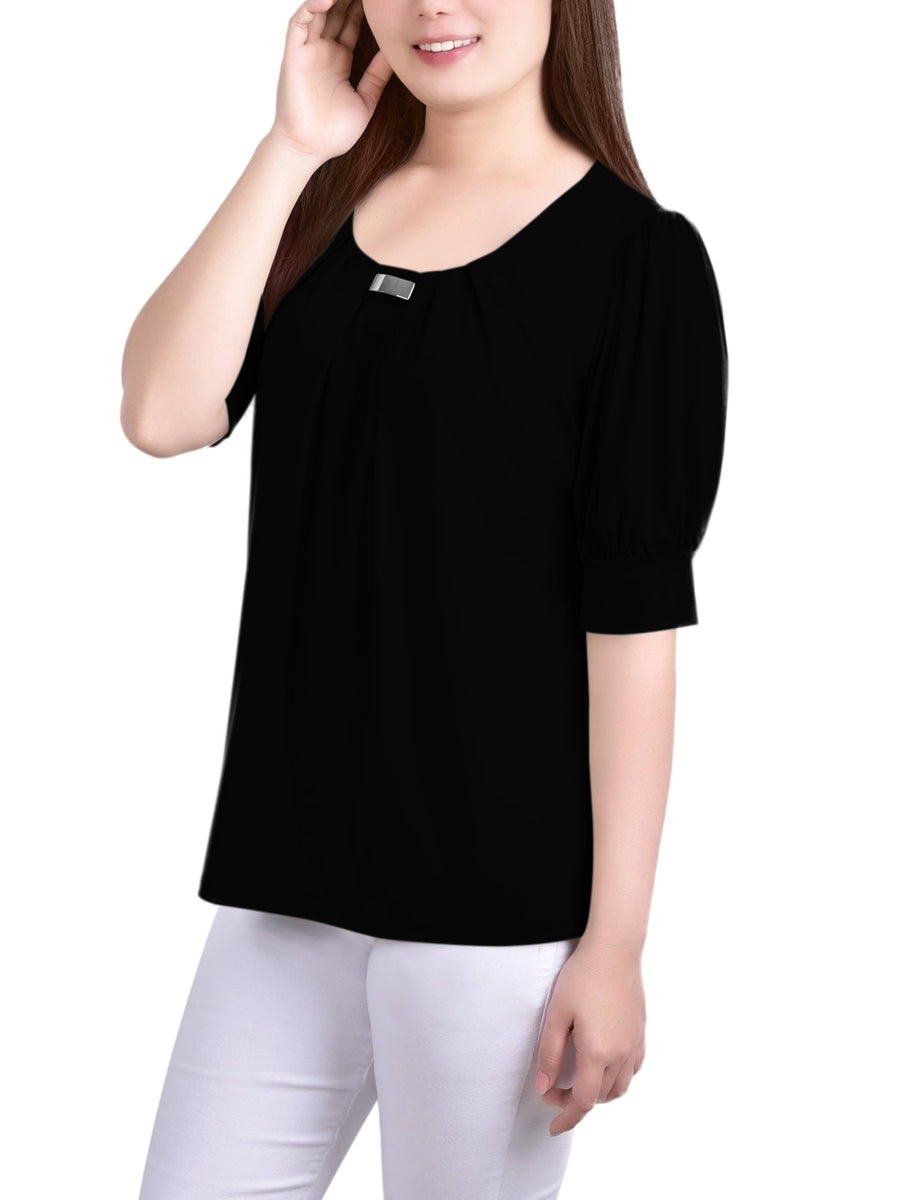  NY Collection Petite Short Puff Sleeve Sheer Inset Top - Black - Bonton